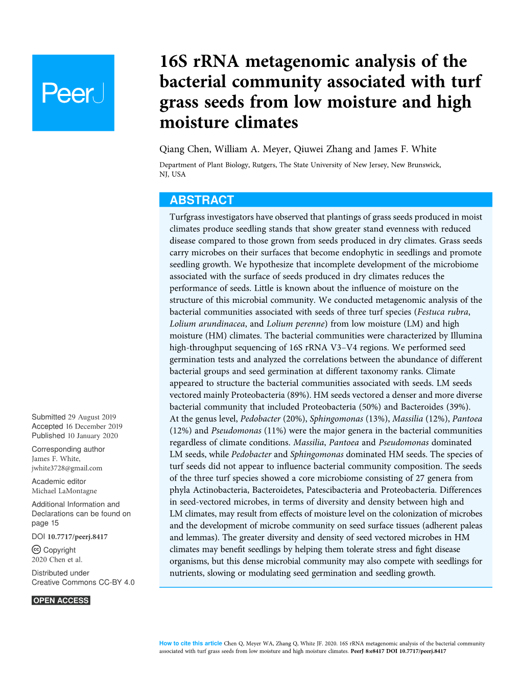 16S Rrna Metagenomic Analysis of the Bacterial Community Associated with Turf Grass Seeds from Low Moisture and High Moisture Climates