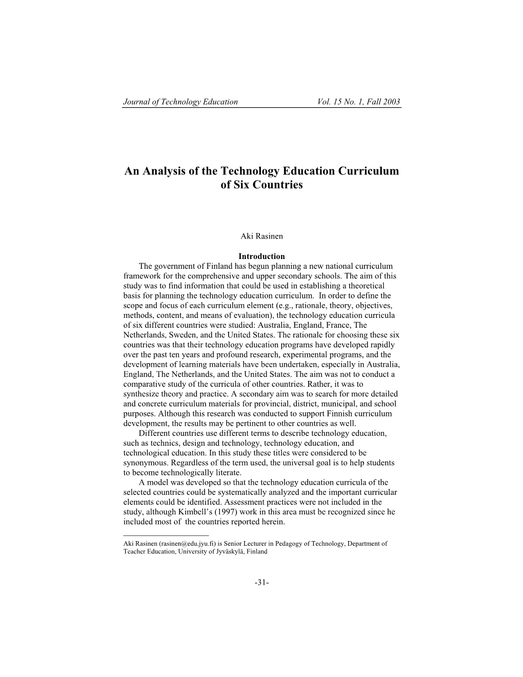 An Analysis of the Technology Education Curriculum of Six Countries