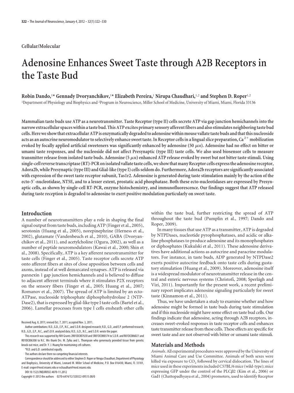 Adenosine Enhances Sweet Taste Through A2B Receptors in the Taste Bud