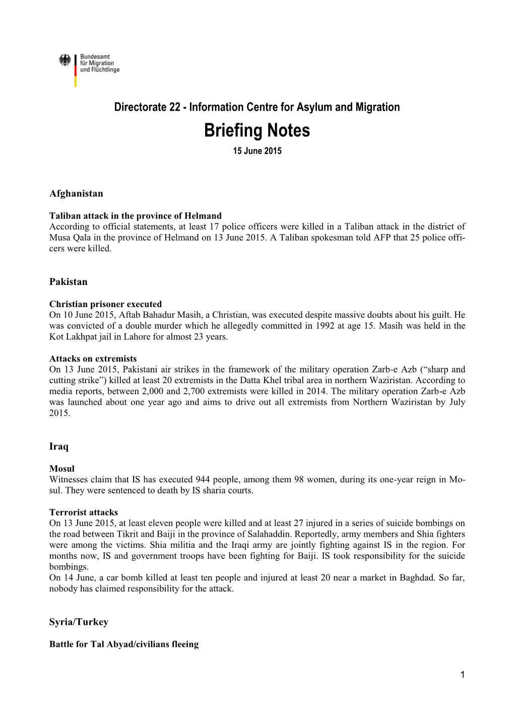 Briefing Notes 15 June 2015
