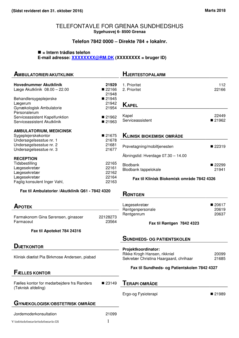 TELEFONTAVLE for GRENAA SUNDHEDSHUS Sygehusvej 6- 8500 Grenaa