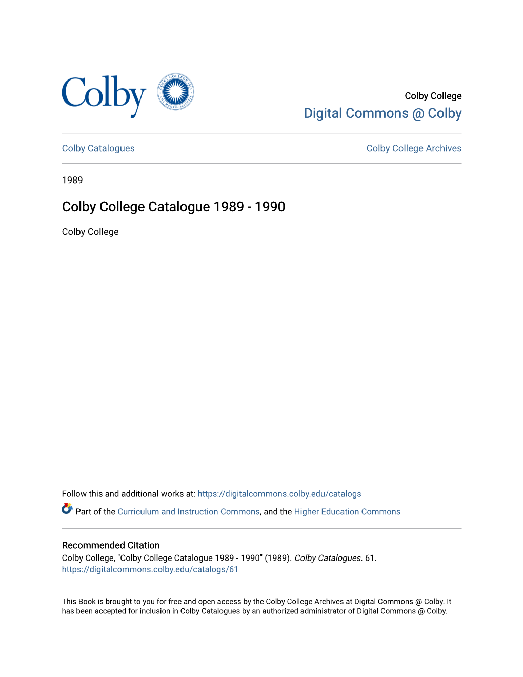 Colby College Catalogue 1989 - 1990