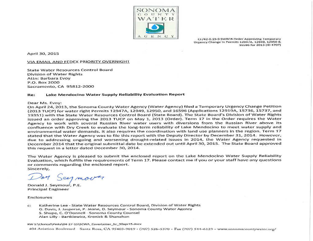 Lake Mendocino Water Supply Reliability Evaluation Report Term 17