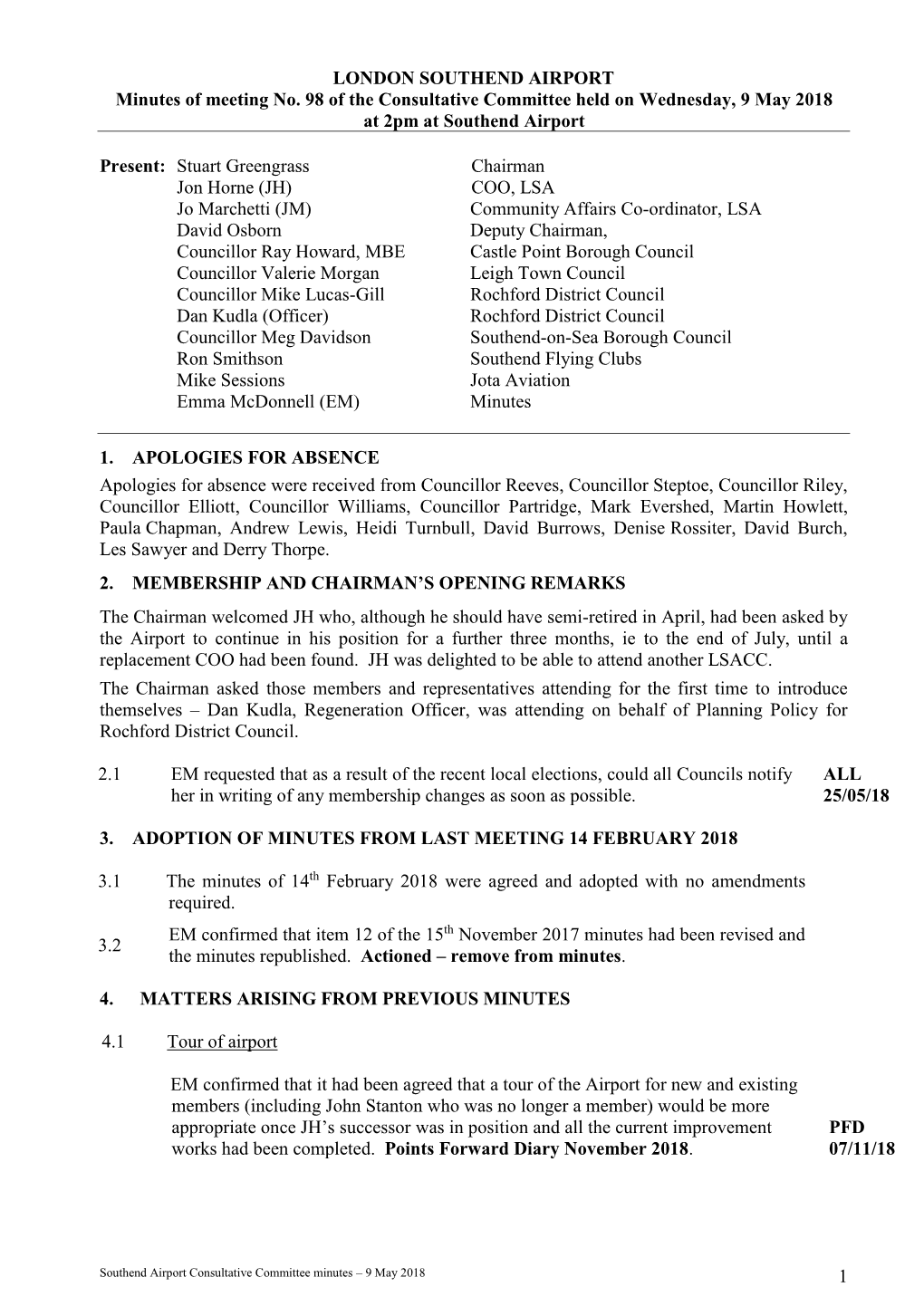 1 LONDON SOUTHEND AIRPORT Minutes of Meeting No. 98 of The