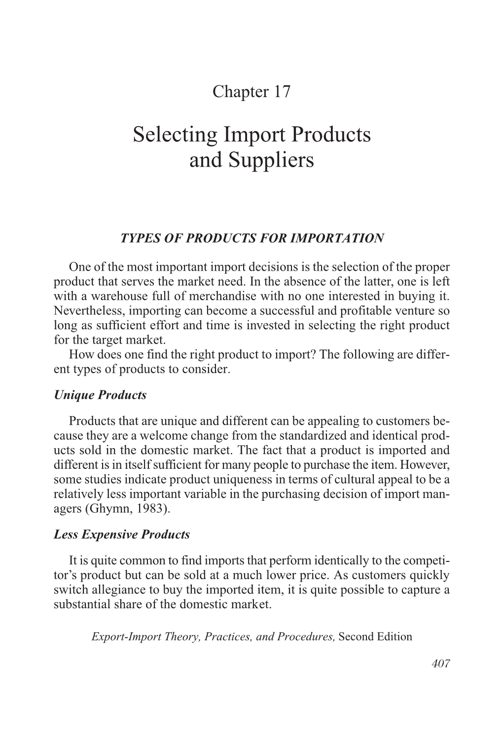 Selecting Import Products and Suppliers 409