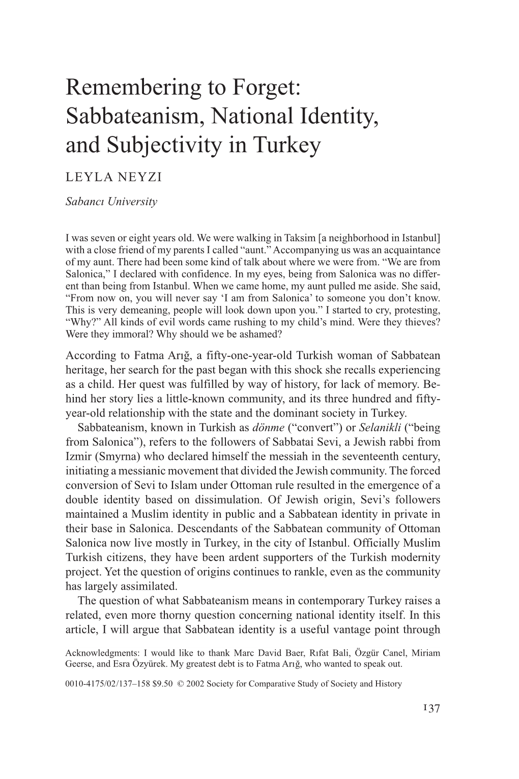 Remembering to Forget: Sabbateanism, National Identity, and Subjectivity in Turkey