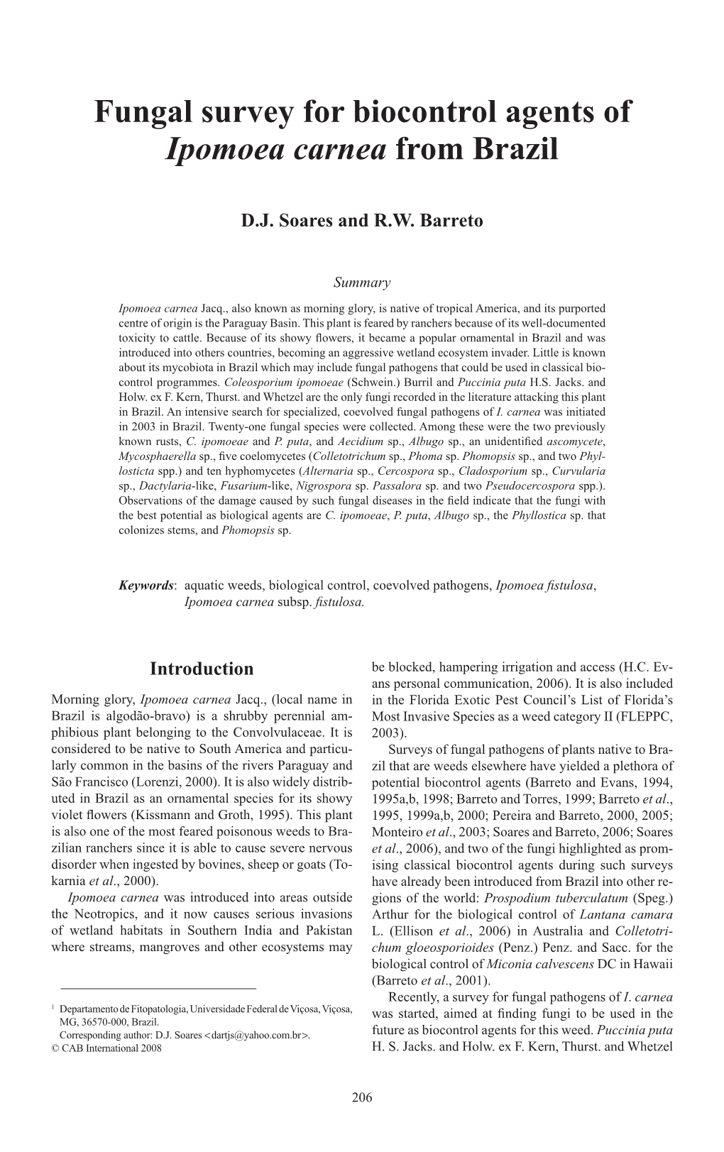 Fungal Survey for Biocontrol Agents of Ipomoea Carnea from Brazil