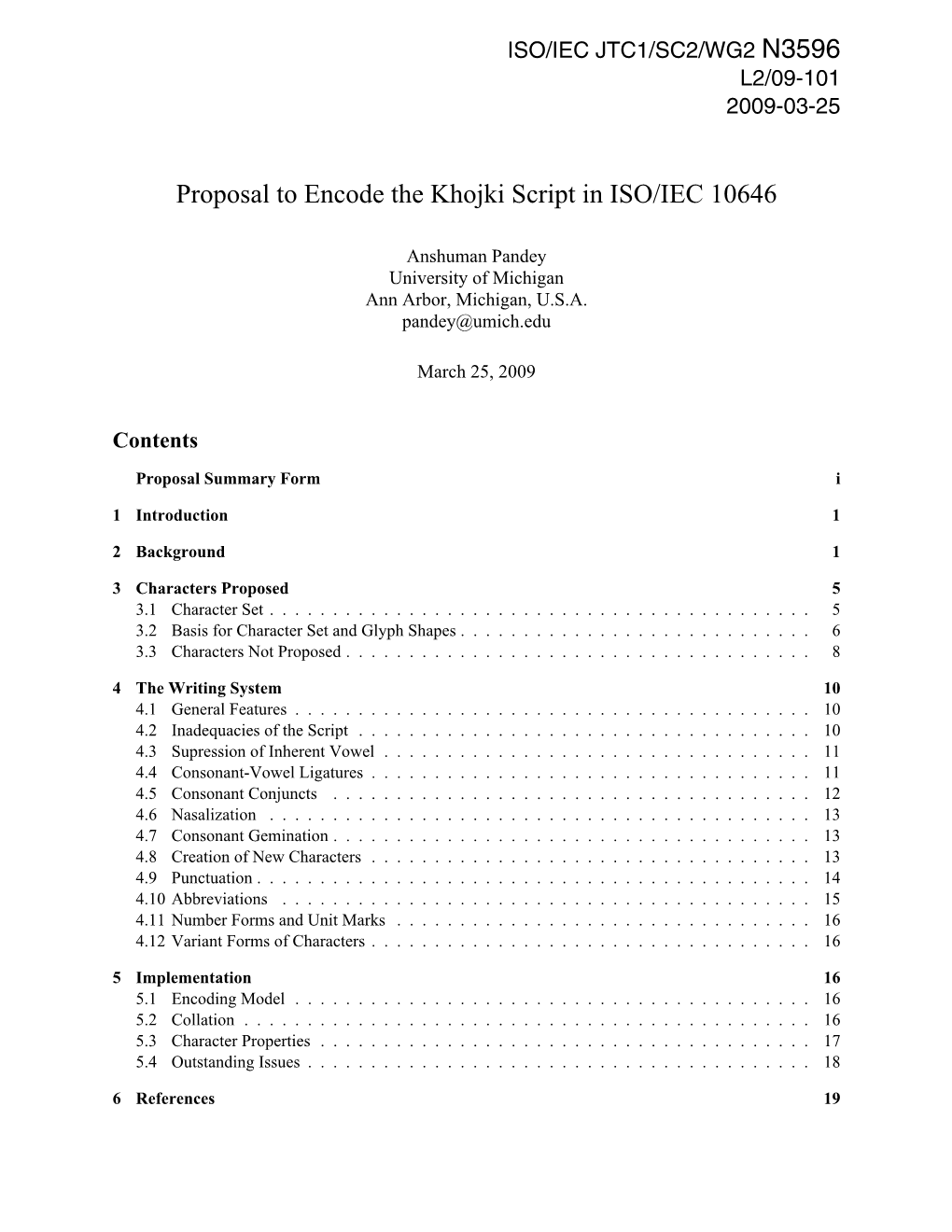 N3596 Proposal to Encode the Khojki Script in ISO/IEC 10646