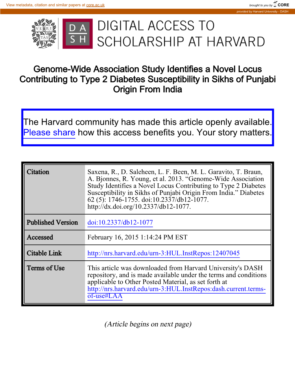 Genome-Wide Association Study Identifies a Novel Locus Contributing to Type 2 Diabetes Susceptibility in Sikhs of Punjabi Origin from India