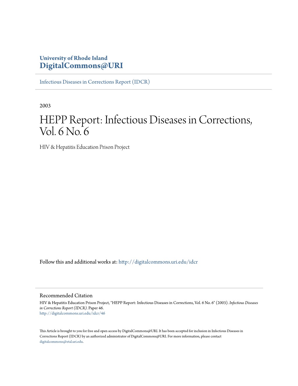 HEPP Report: Infectious Diseases in Corrections, Vol. 6 No. 6 HIV & Hepatitis Education Prison Project