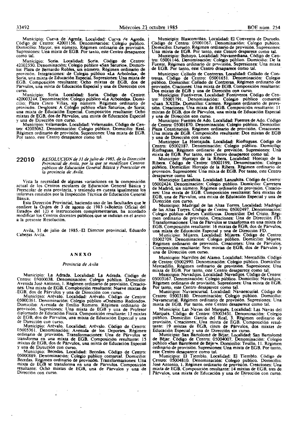 33492 Miércoles N Octubre 1985 BOE Núm, 254 ANEXO Provincia De Avila Avila, 31 De Julio De 1985.-El Director Provincial, Eduar