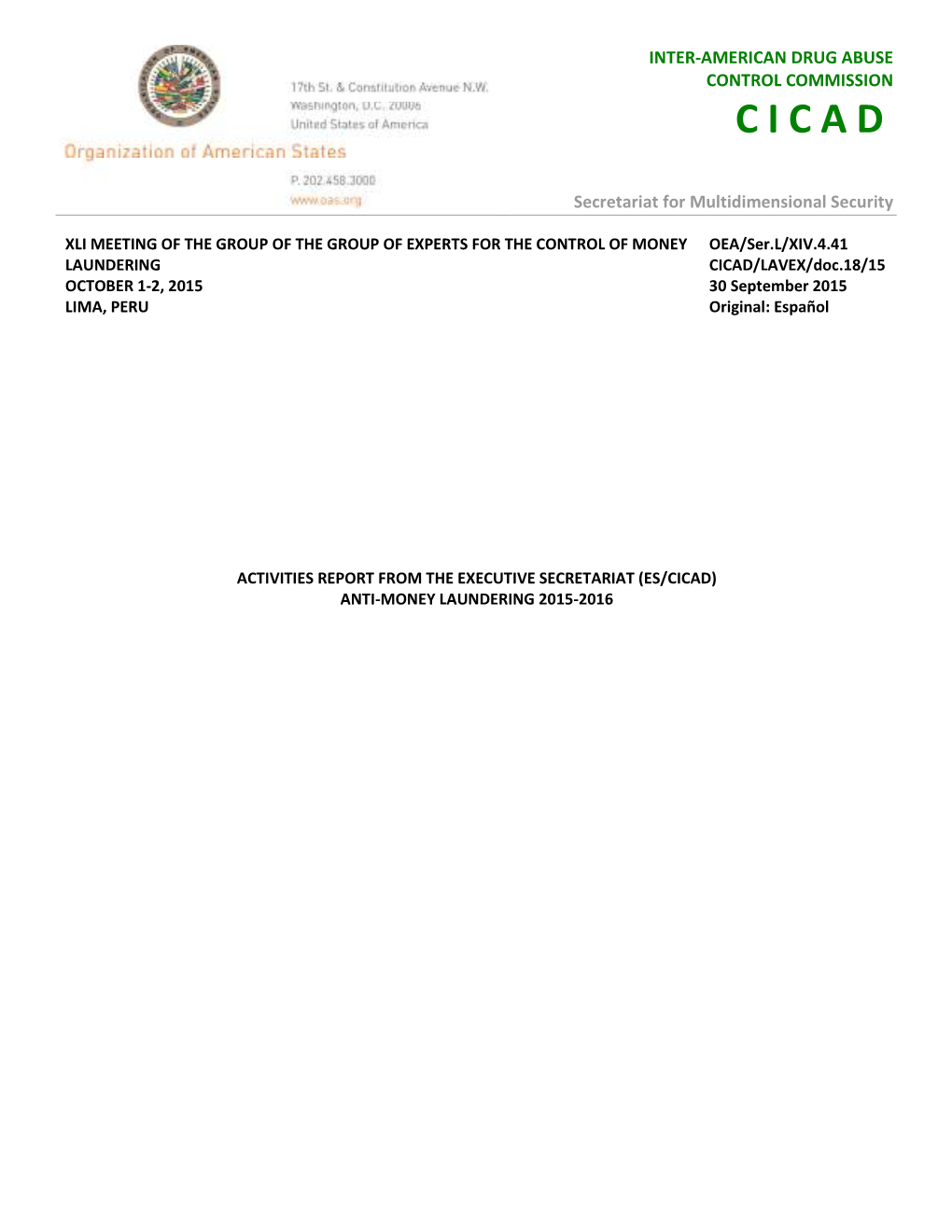 Doc.18/15 OCTOBER 1-2, 2015 30 September 2015 LIMA, PERU Original: Español