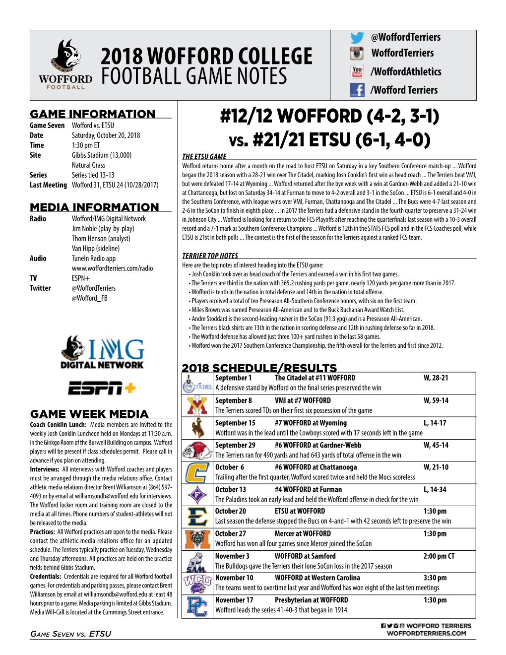 2018 Wofford College Football Game Notes
