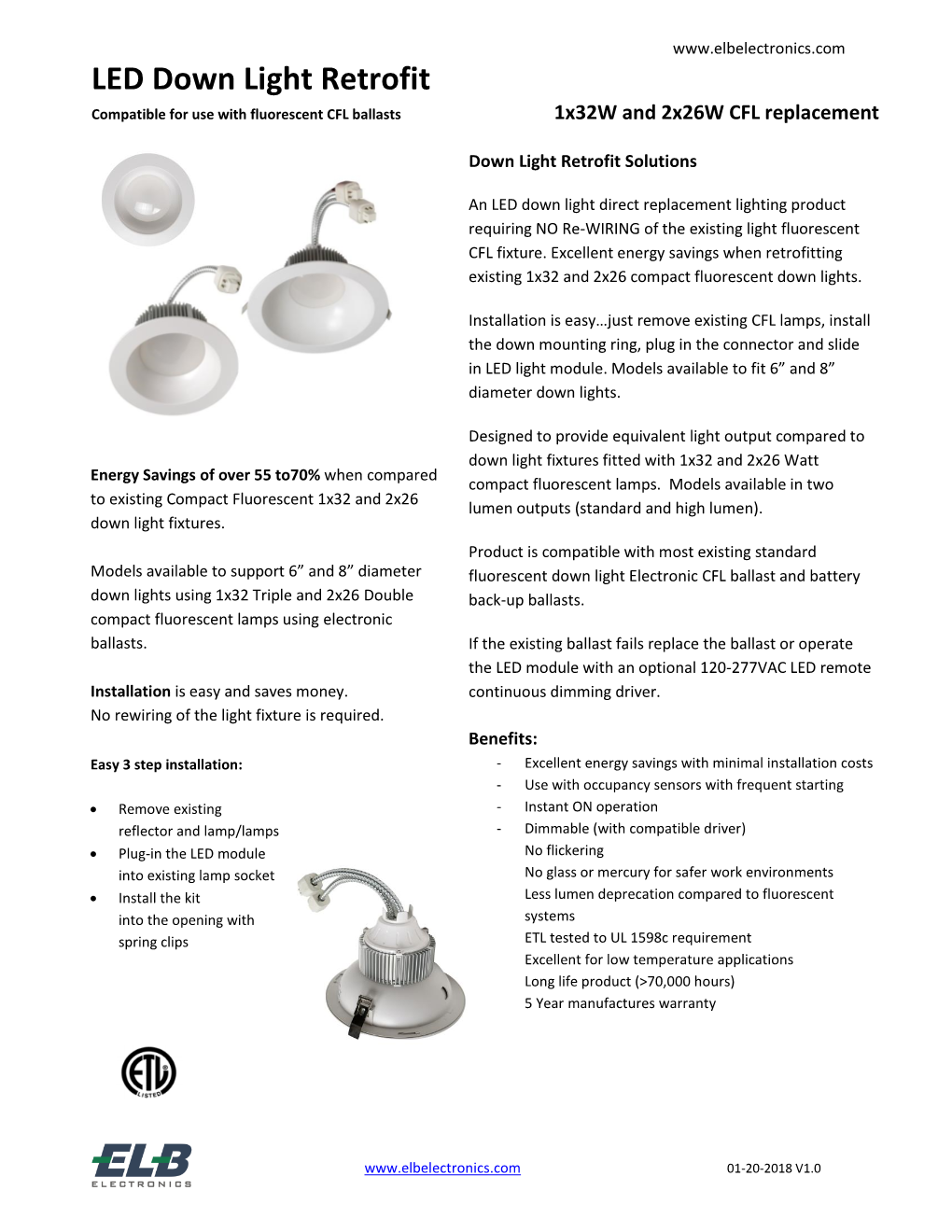 LED Down Light Retrofit Compatible for Use with Fluorescent CFL Ballasts 1X32w and 2X26w CFL Replacement