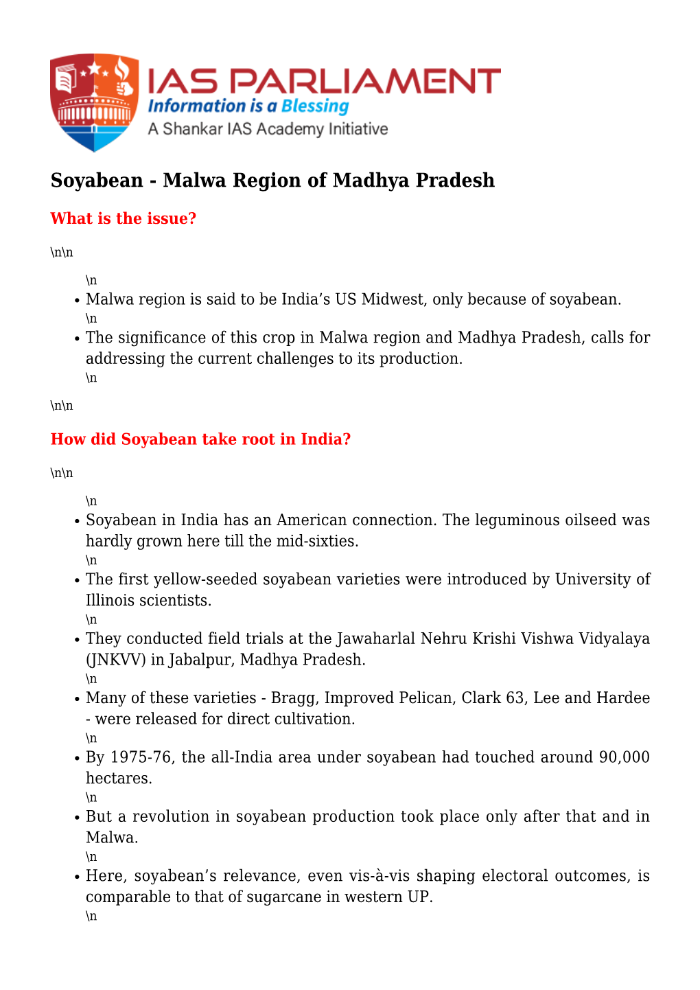 Soyabean - Malwa Region of Madhya Pradesh