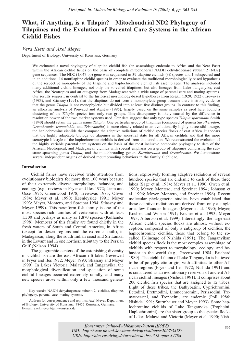 Mitochondrial ND2 Phylogeny of Tilapiines and the Evolution of Parental Care Systems in the African Cichlid Fishes