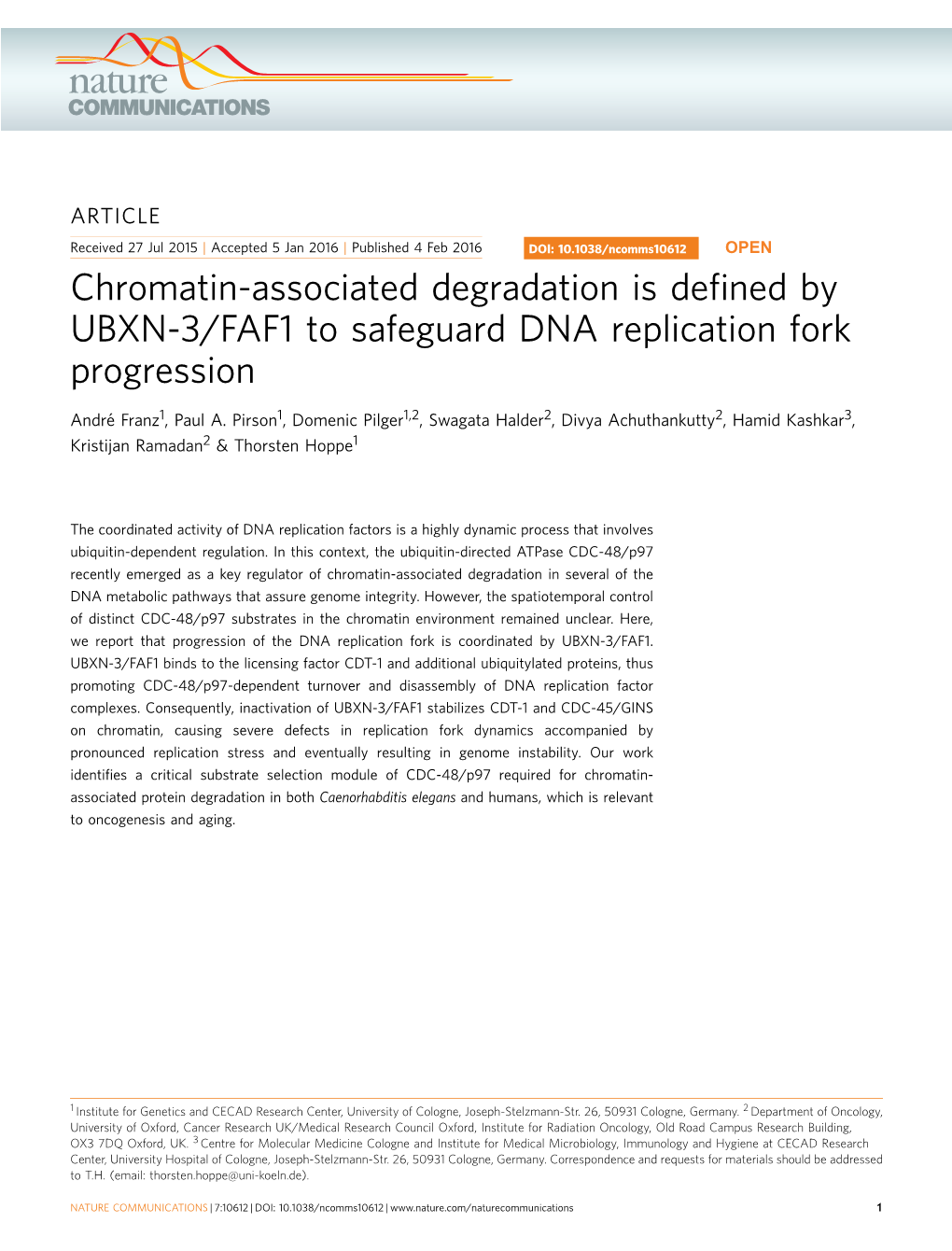 Chromatin-Associated Degradation Is Defined by UBXN-3/FAF1 To