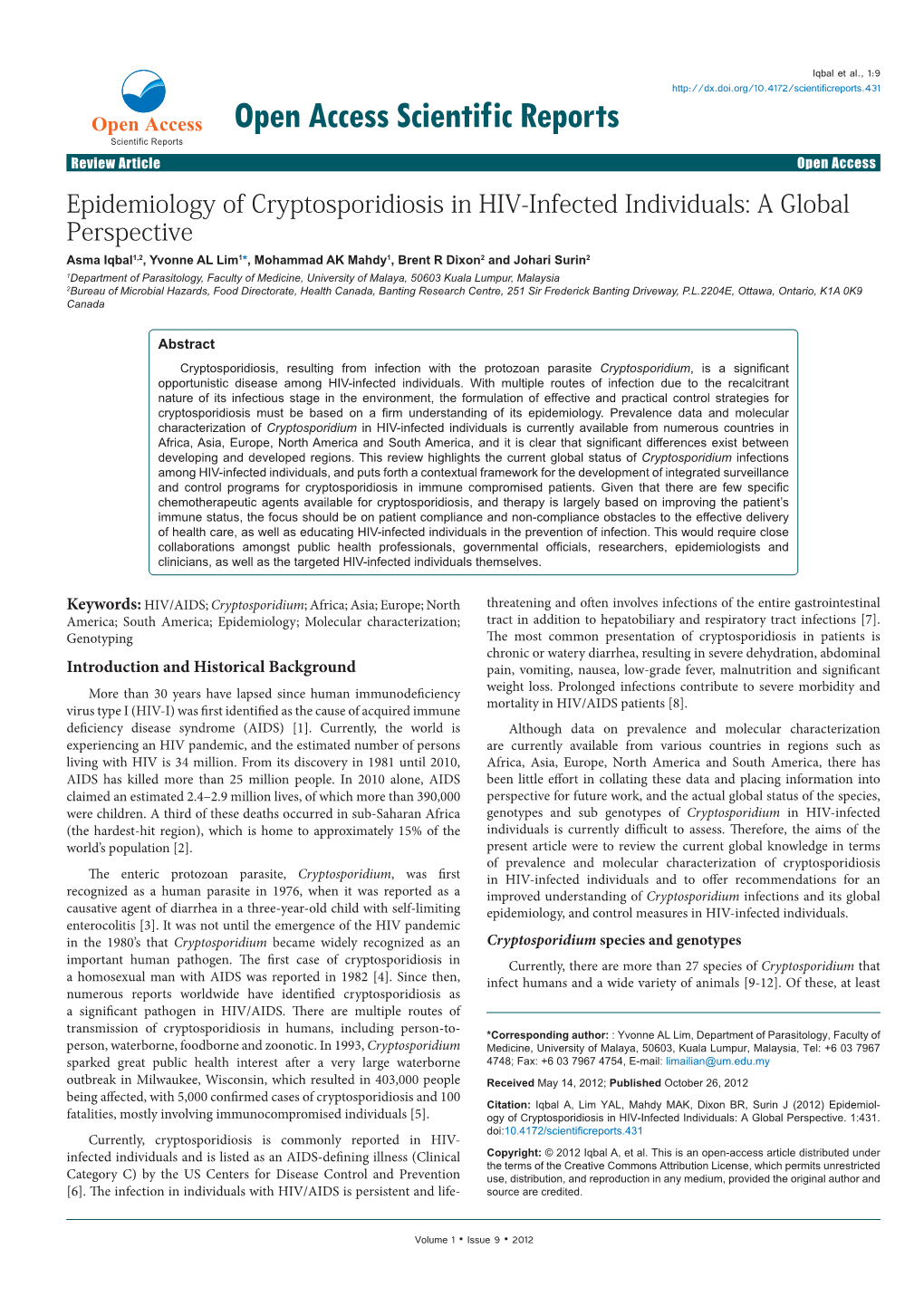 Epidemiology of Cryptosporidiosis in HIV-Infected Individuals