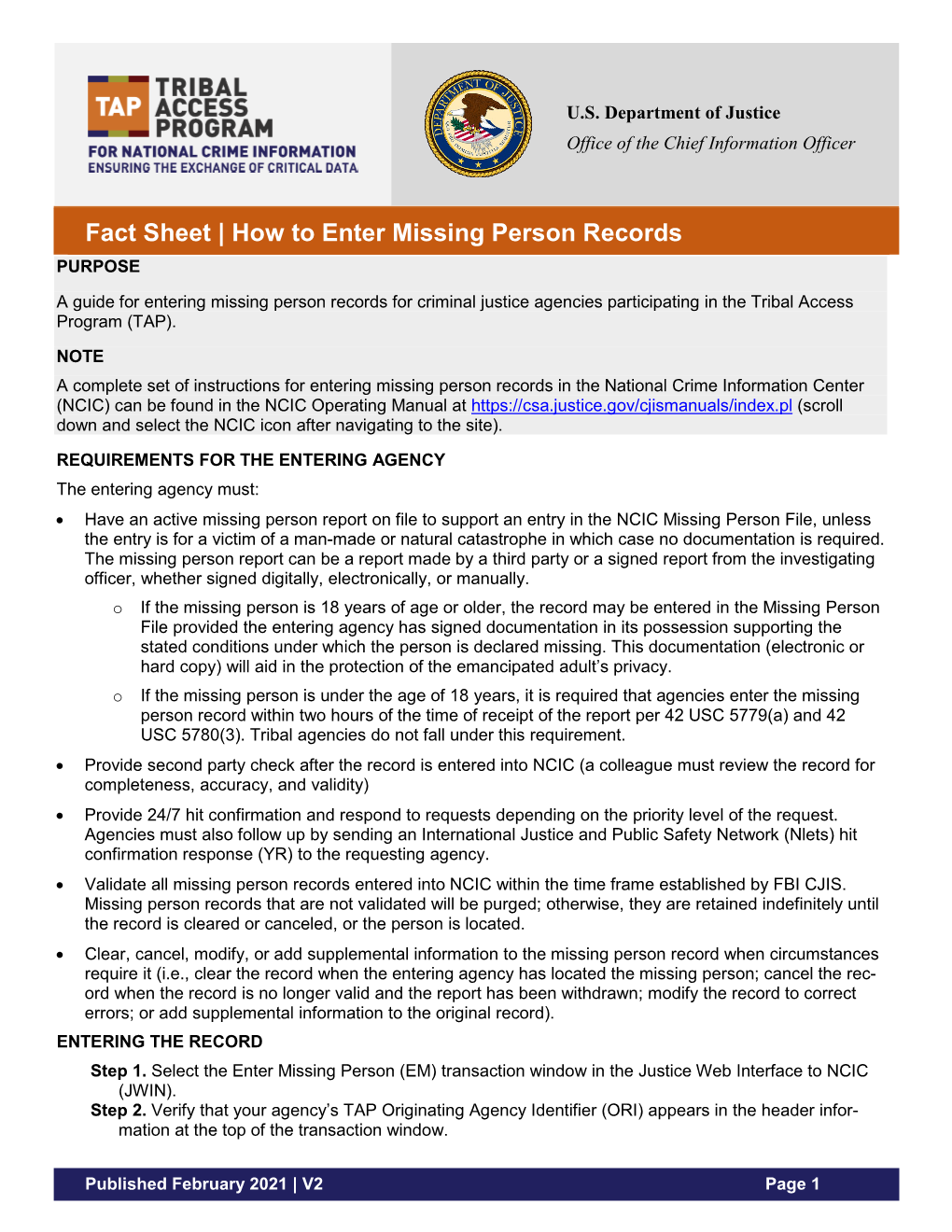 Fact Sheet | How to Enter Missing Person Records PURPOSE