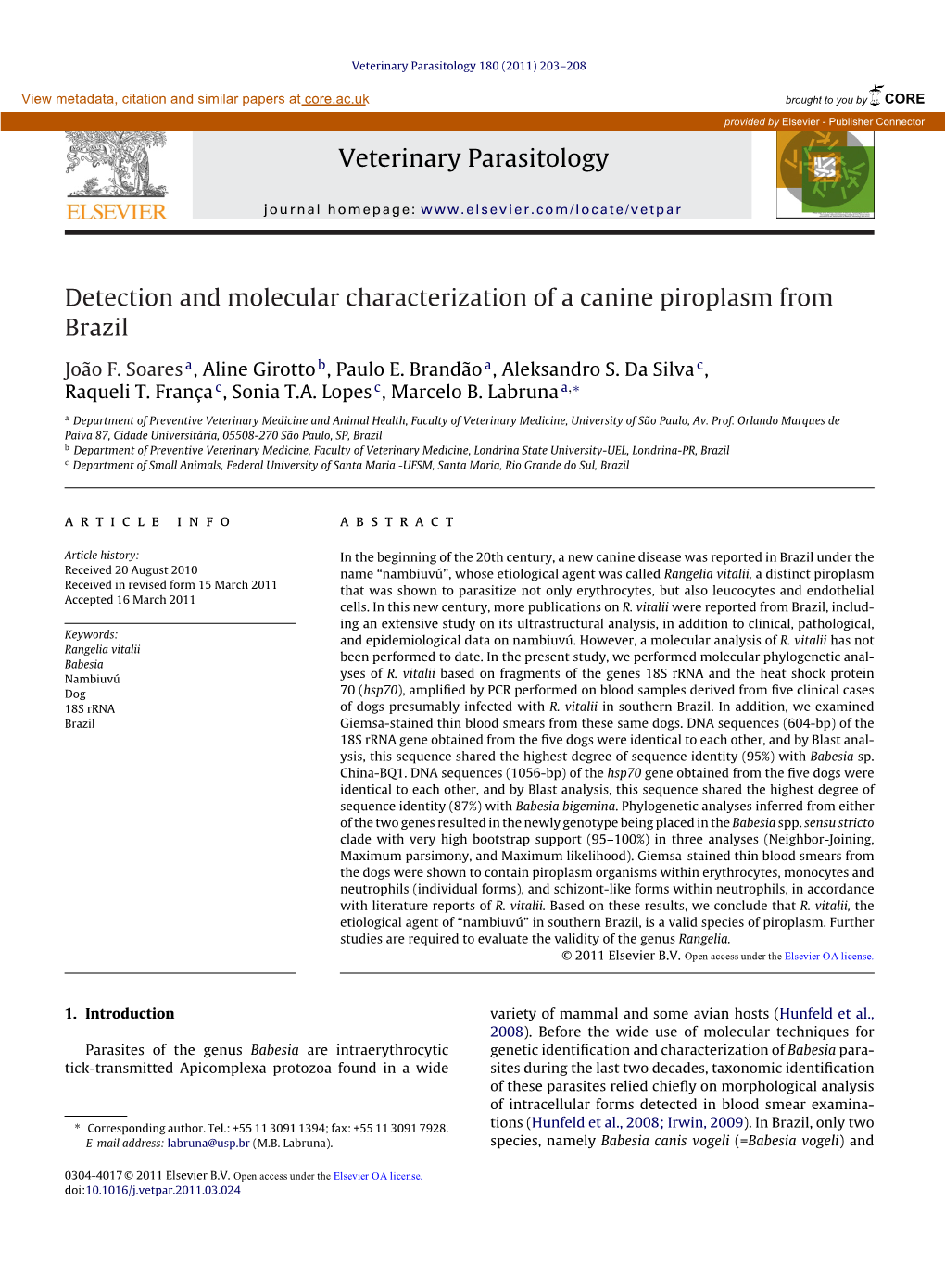 Veterinary Parasitology 180 (2011) 203–208