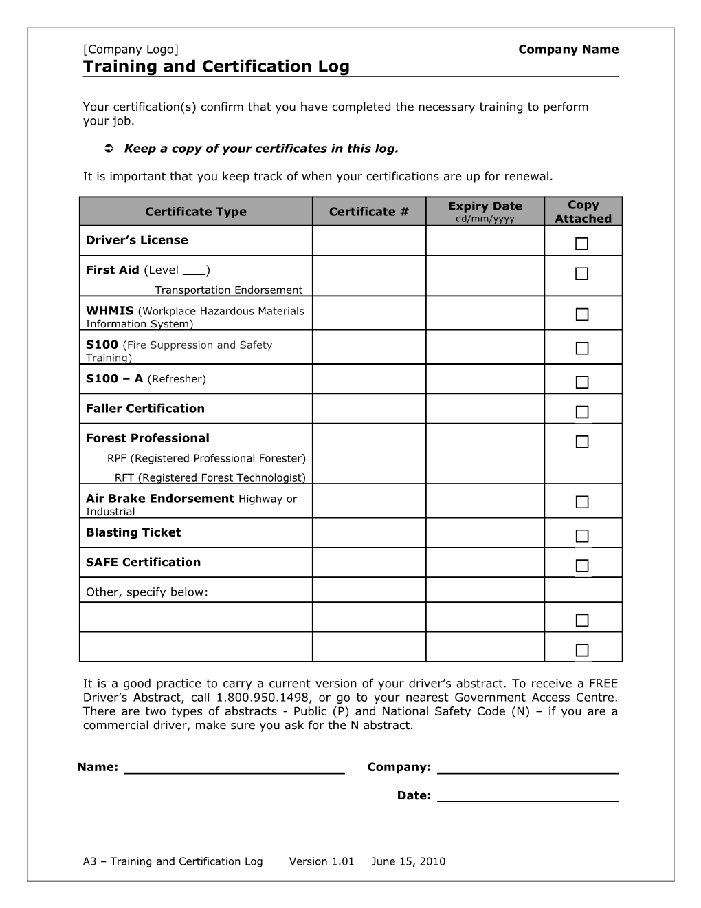 Training and Certification Log