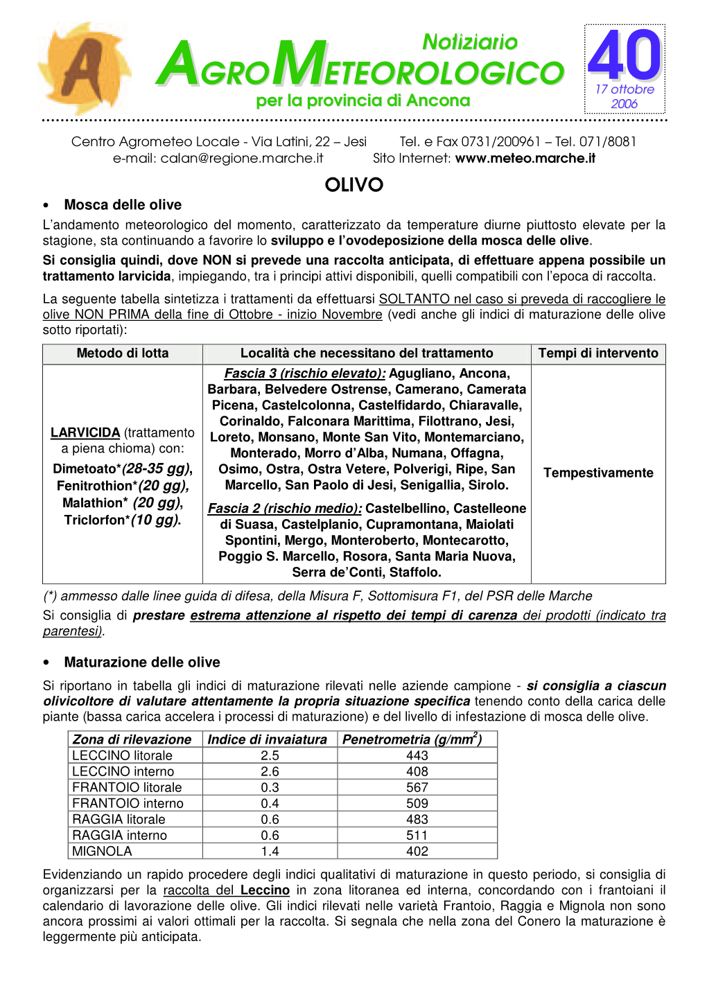 Agrometeorologico Per La Provincia Di Ancona N° 40 Del 17-10-06 Pag