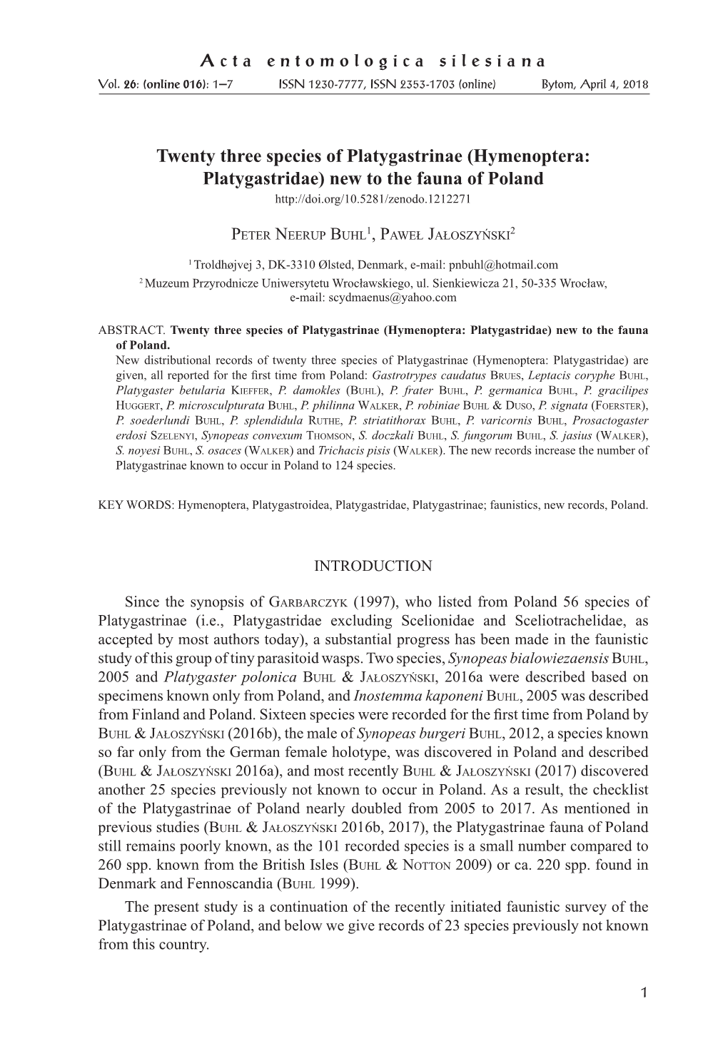 Twenty Three Species of Platygastrinae (Hymenoptera: Platygastridae) New to the Fauna of Poland