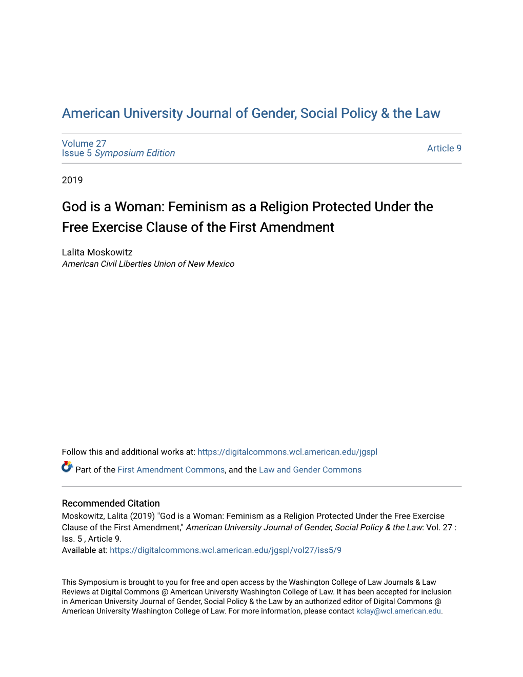 God Is a Woman: Feminism As a Religion Protected Under the Free Exercise Clause of the First Amendment