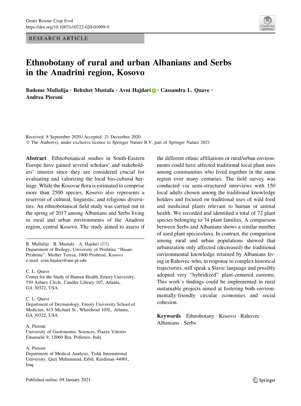 Ethnobotany of Rural and Urban Albanians and Serbs in the Anadrini Region, Kosovo
