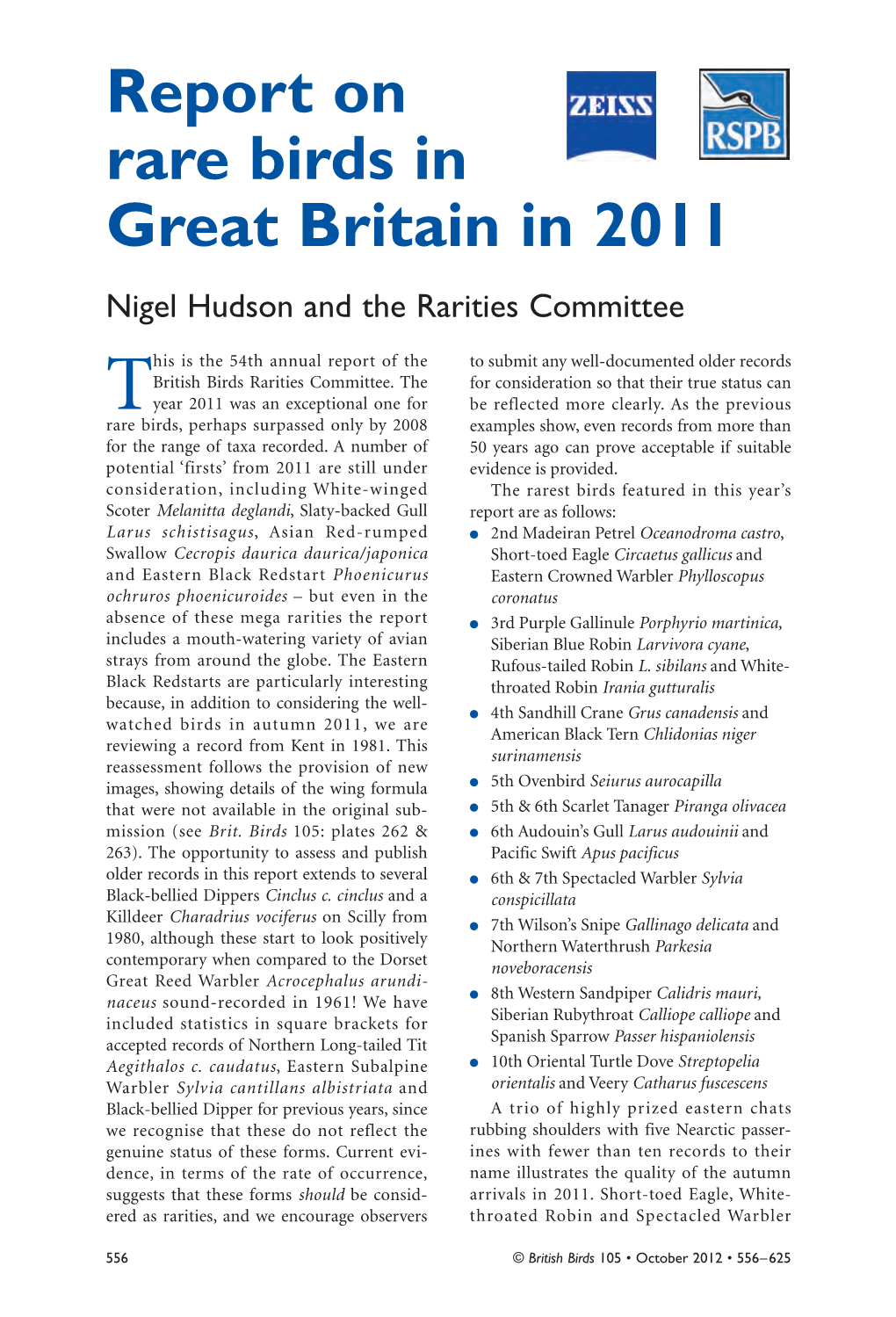 Report on Rare Birds in Great Britain in 2011 Nigel Hudson and the Rarities Committee