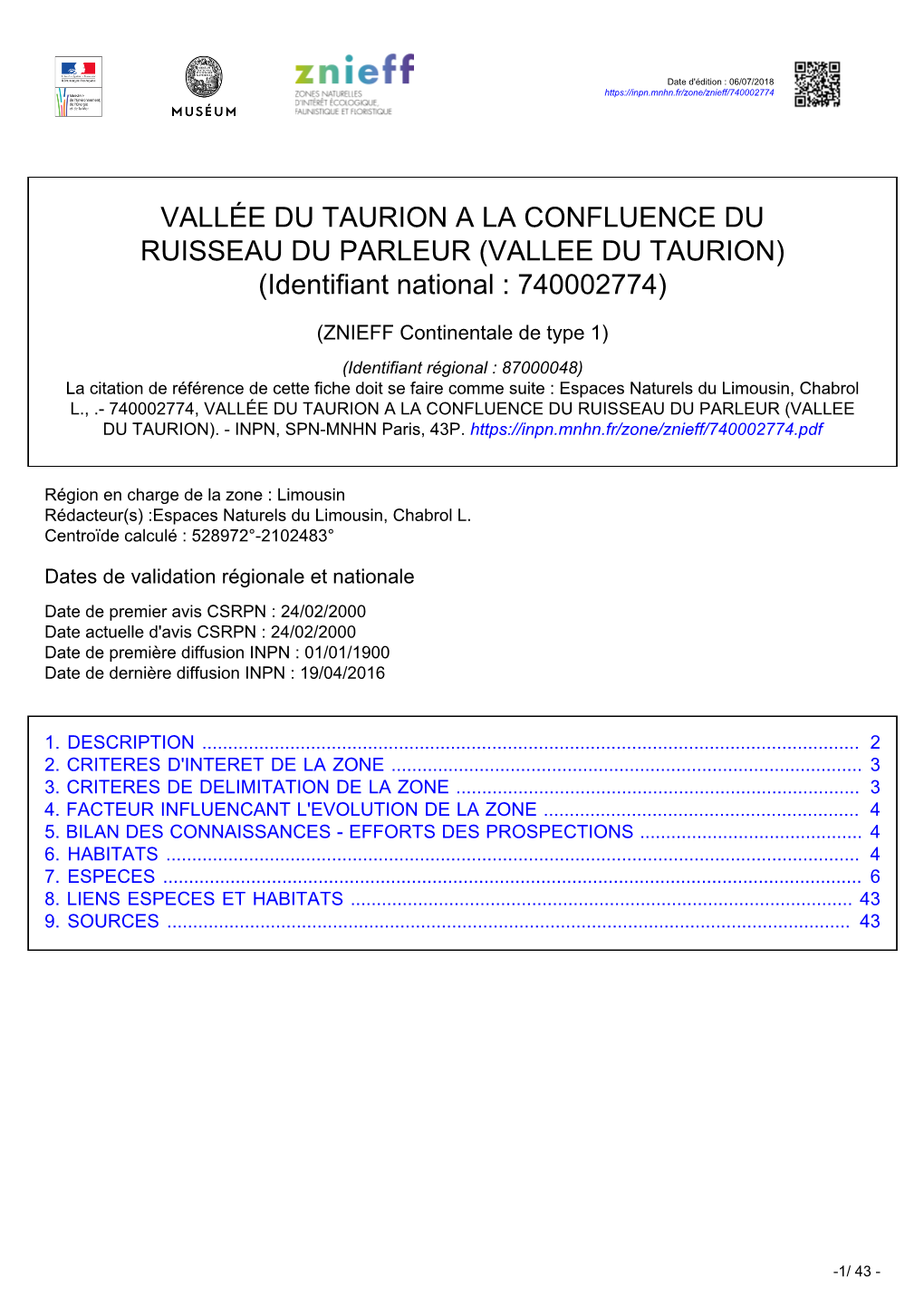 VALLEE DU TAURION) (Identifiant National : 740002774)