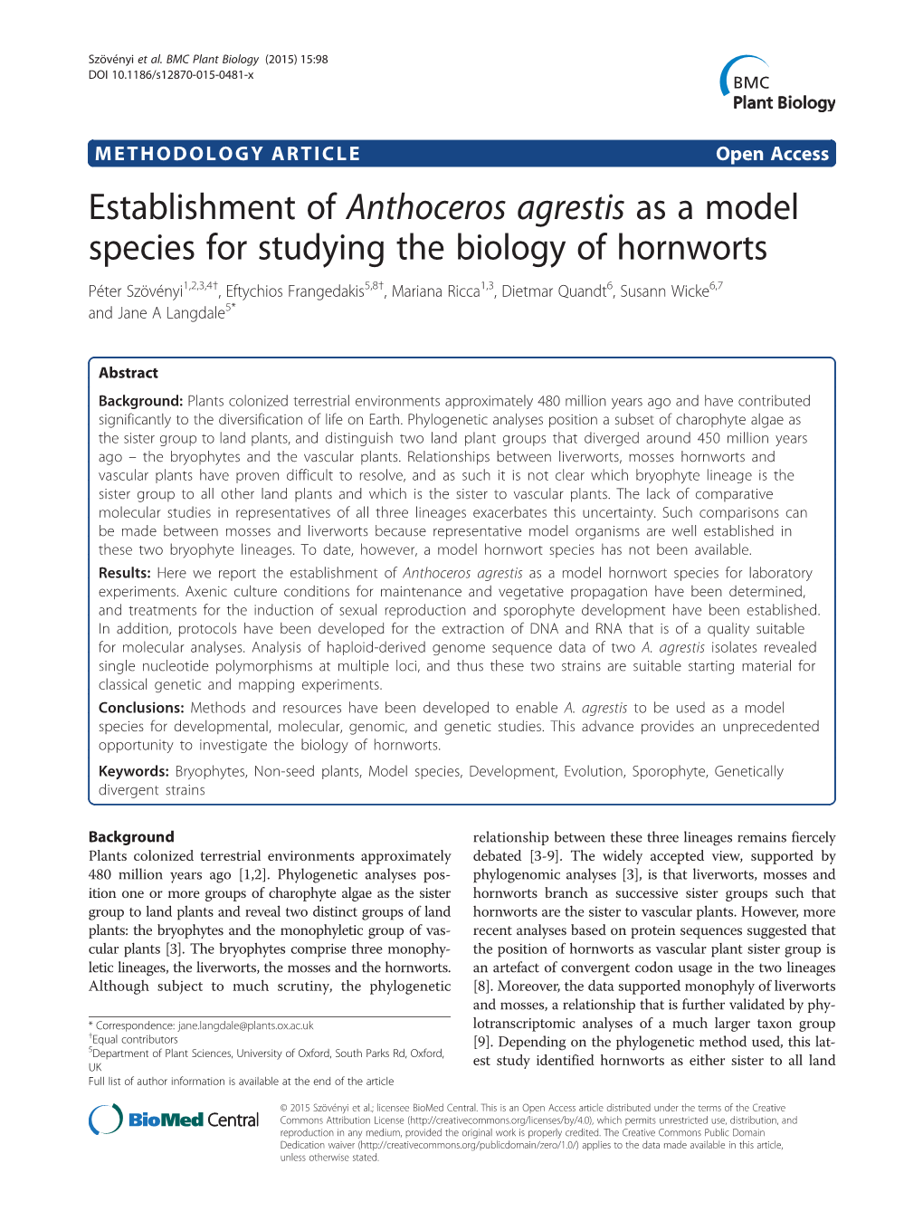 Establishment of Anthoceros Agrestis As a Model Species for Studying the Biology of Hornworts