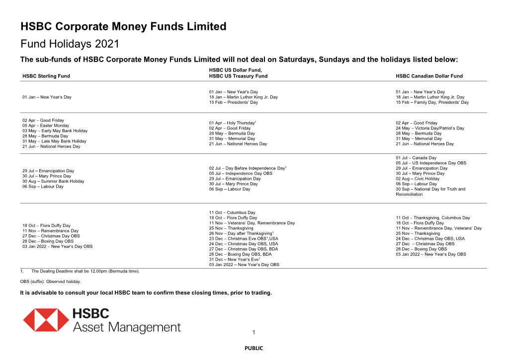 Corporate Money Fund Non-Dealing Days