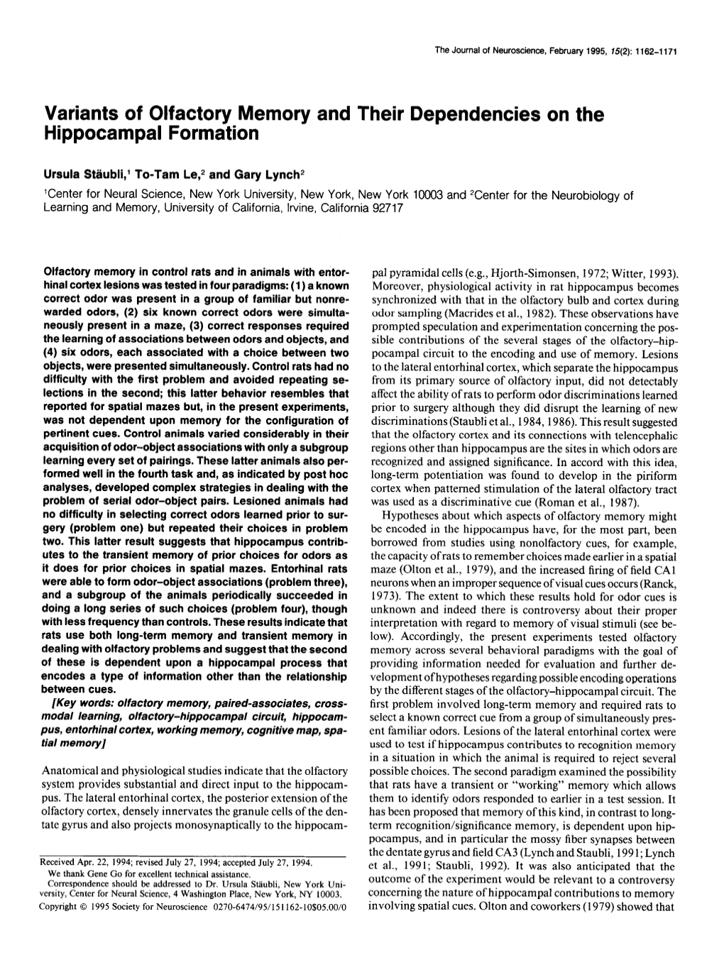 Variants of Olfactory Memory and Their Dependencies on the Hippocampal Formation