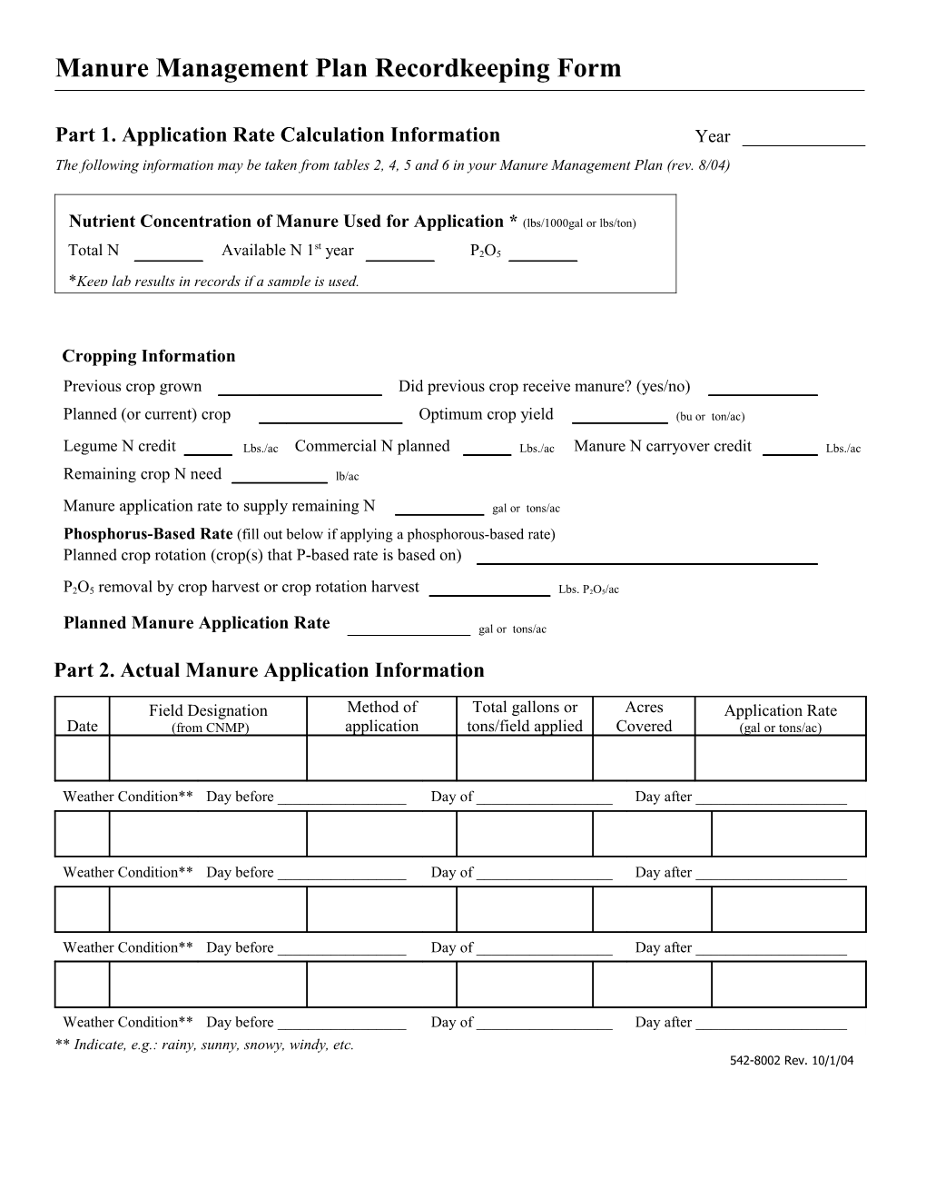 Manure Management Plan Record Keeping Form