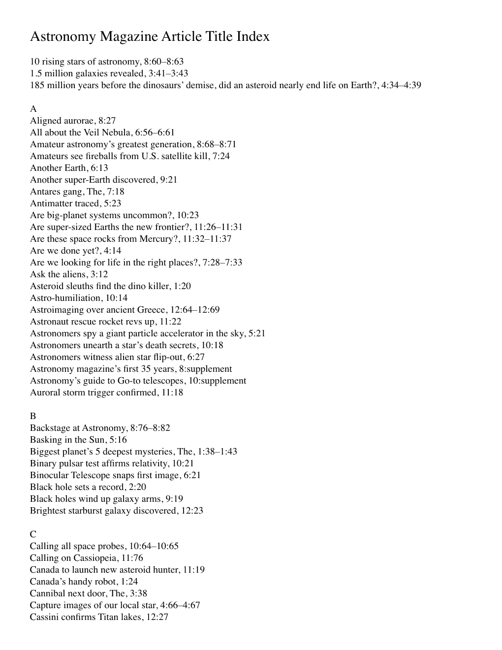 Astronomy 2008 Index