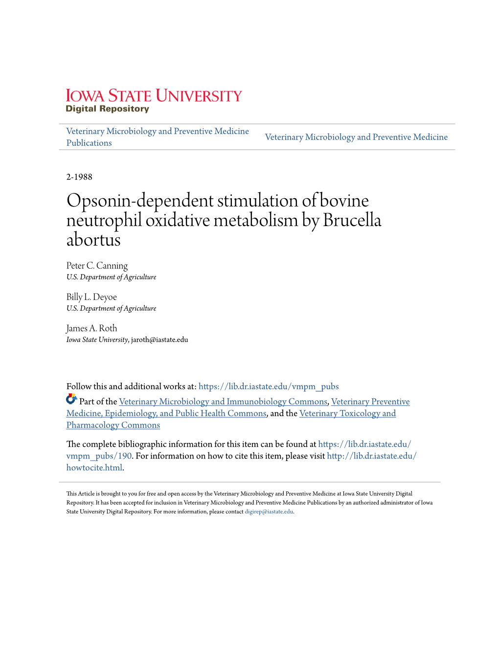 Opsonin-Dependent Stimulation of Bovine Neutrophil Oxidative Metabolism by Brucella Abortus Peter C