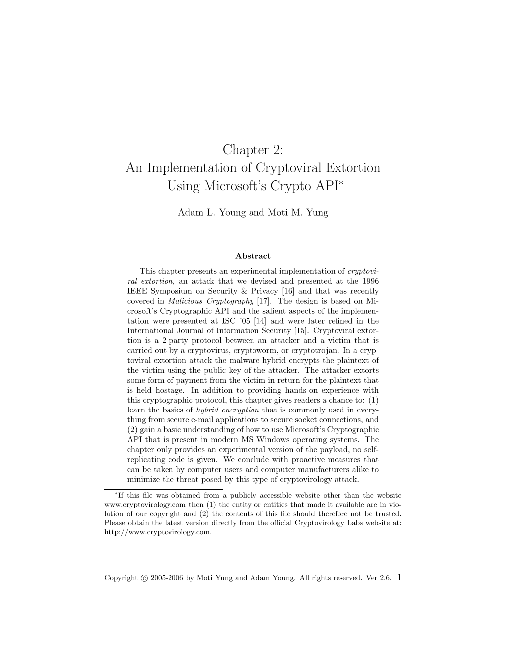 Chapter 2: an Implementation of Cryptoviral Extortion Using Microsoft's Crypto API∗