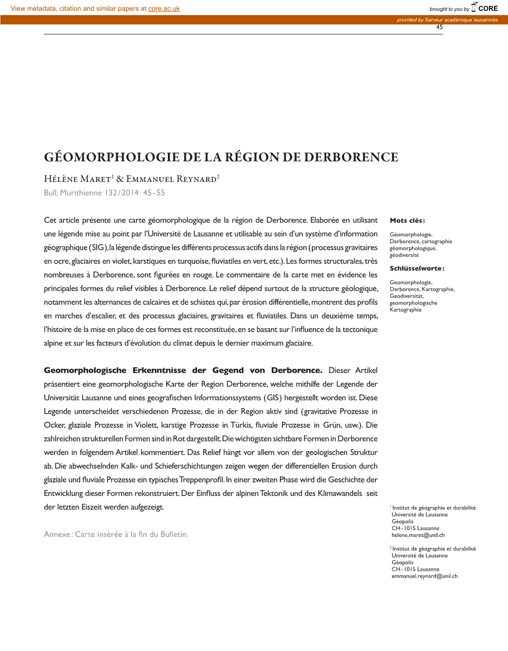 GÉOMORPHOLOGIE DE LA RÉGION DE DERBORENCE H  M1 & E R2 Bull