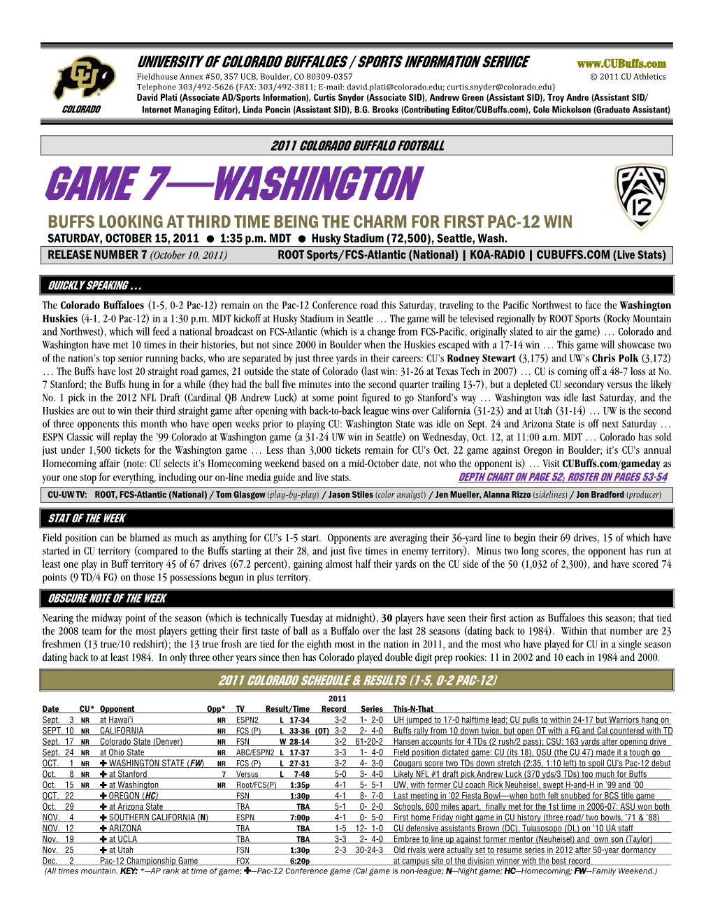 GAME 7—WASHINGTON BUFFS LOOKING at THIRD TIME BEING the CHARM for FIRST PAC-12 WIN SATURDAY, OCTOBER 15, 2011 � 1:35 P.M