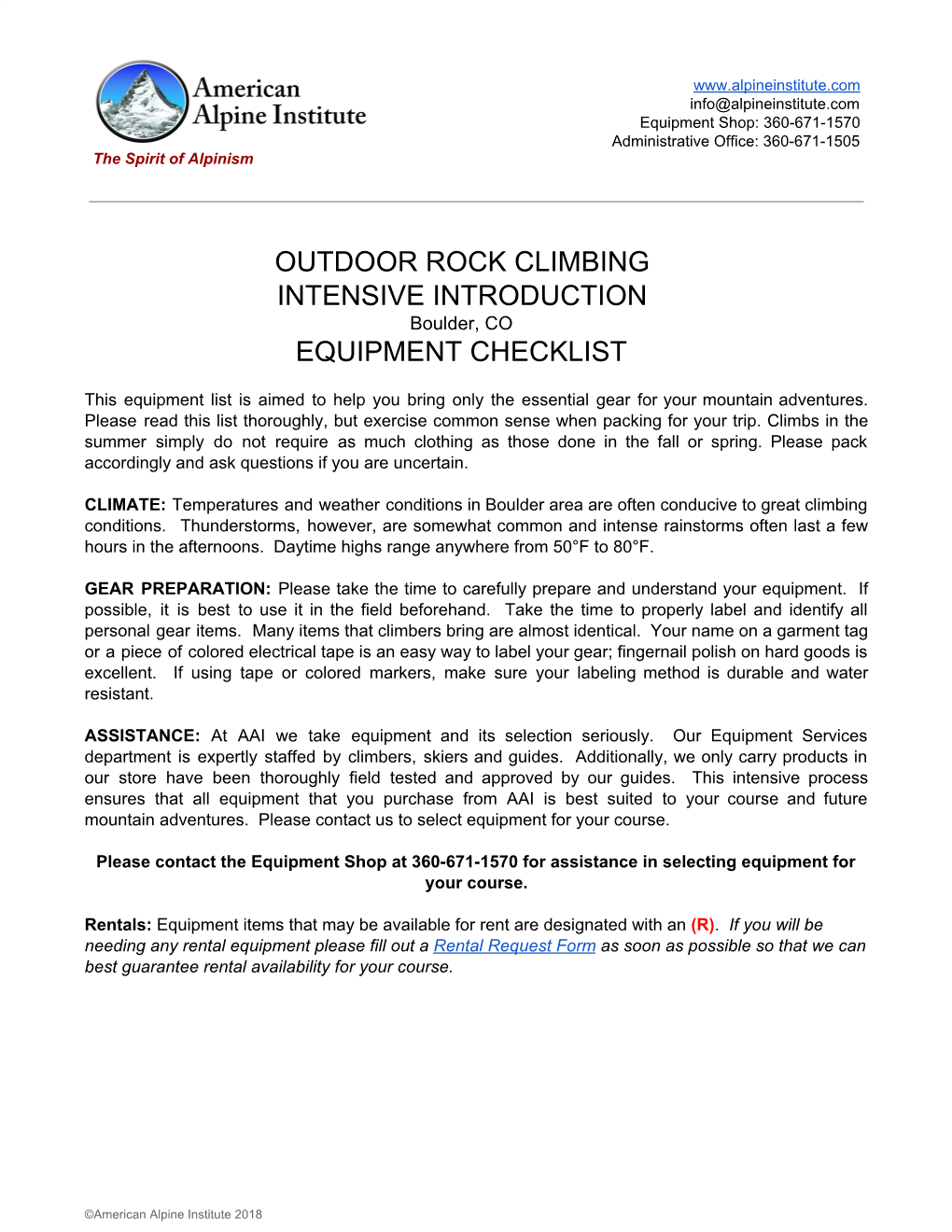 OUTDOOR ROCK CLIMBING INTENSIVE INTRODUCTION Boulder, CO EQUIPMENT CHECKLIST