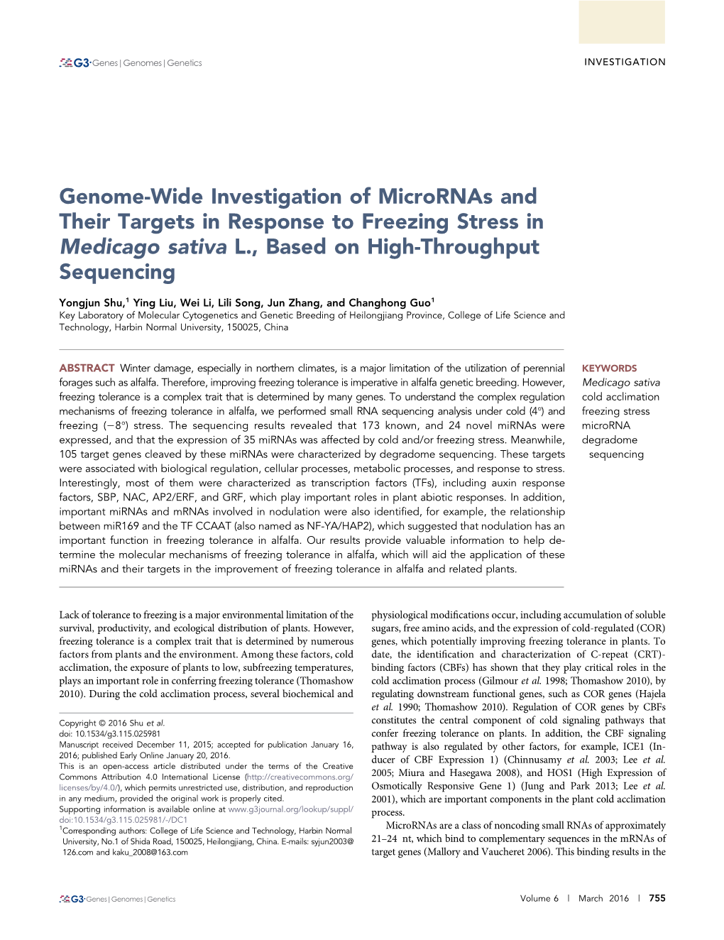 Genome-Wide Investigation of Micrornas and Their Targets in Response to Freezing Stress in Medicago Sativa L., Based on High-Throughput Sequencing