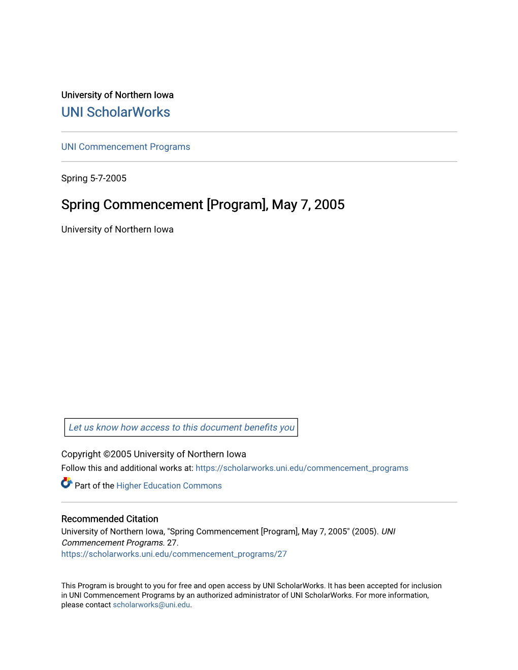 Spring Commencement [Program], May 7, 2005