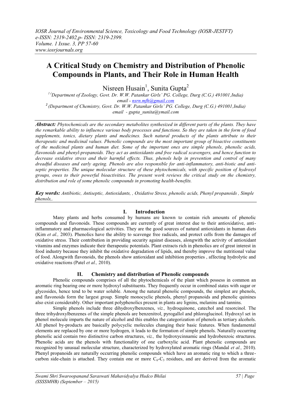 A Critical Study on Chemistry and Distribution of Phenolic Compounds in Plants, and Their Role in Human Health