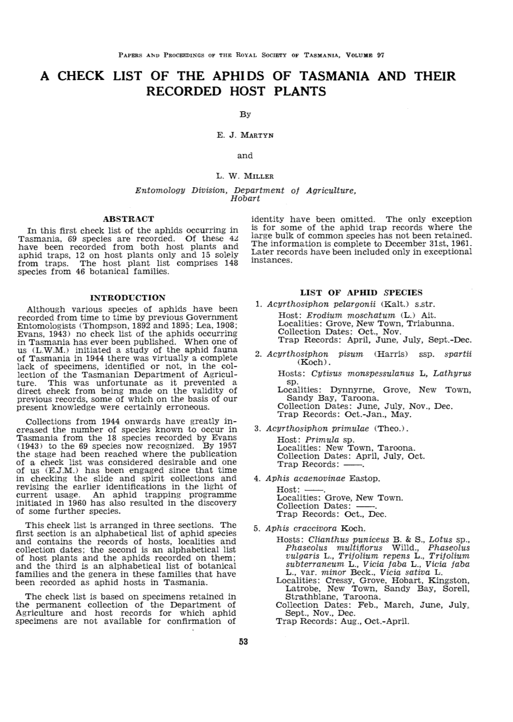 A Check List of the Aphi Ds of Tasmania and Their Recorded Host Plants