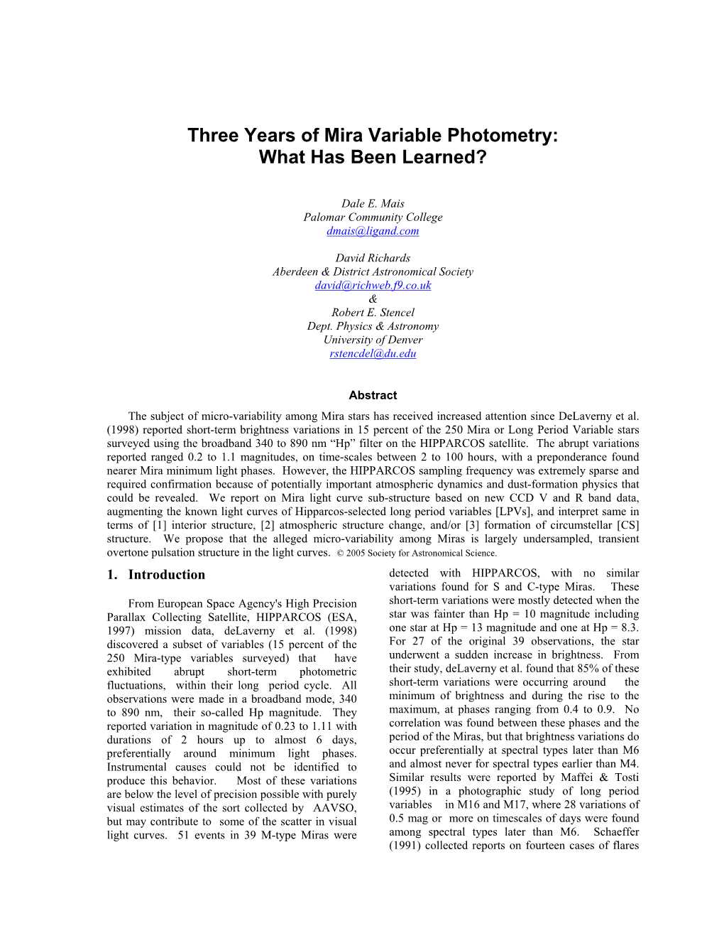 A Paper for the Society for Astronomical Sciences