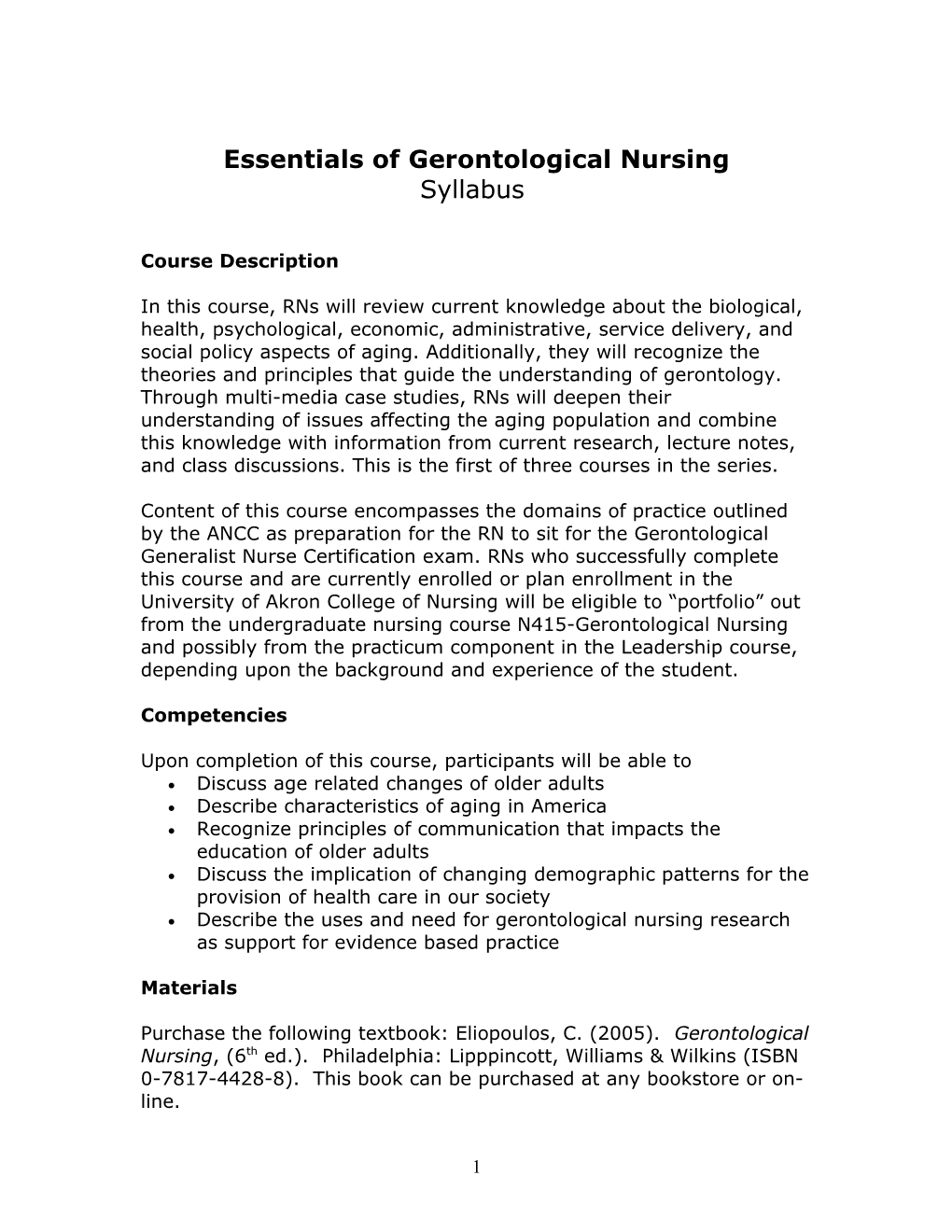 Essentials of Gerontological Nursing