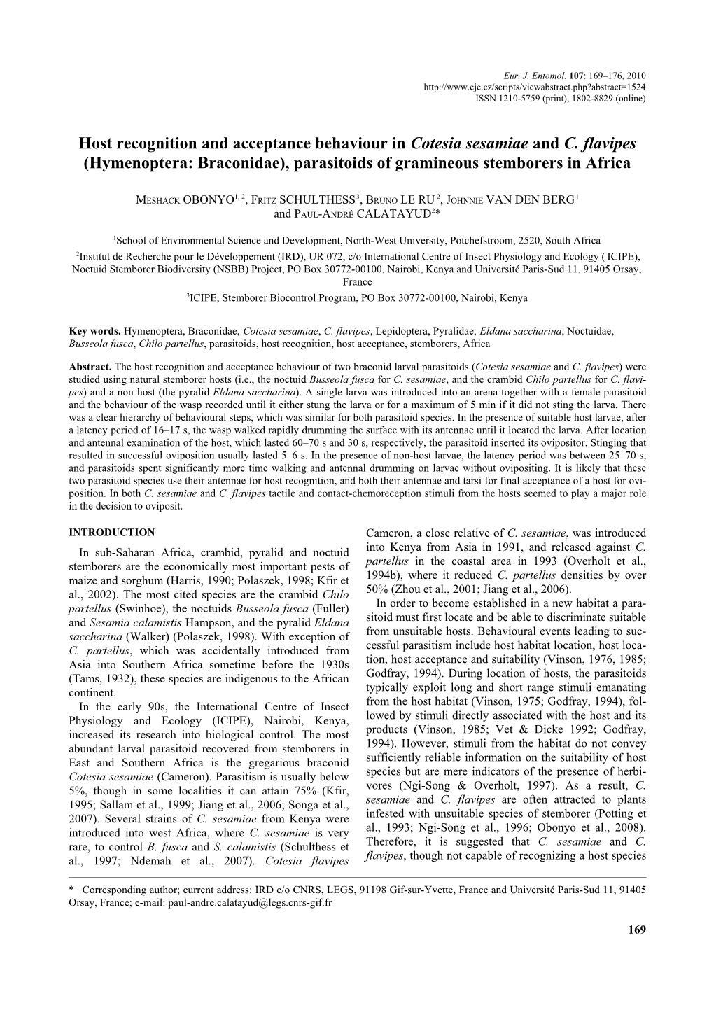 Hymenoptera: Braconidae), Parasitoids of Gramineous Stemborers in Africa