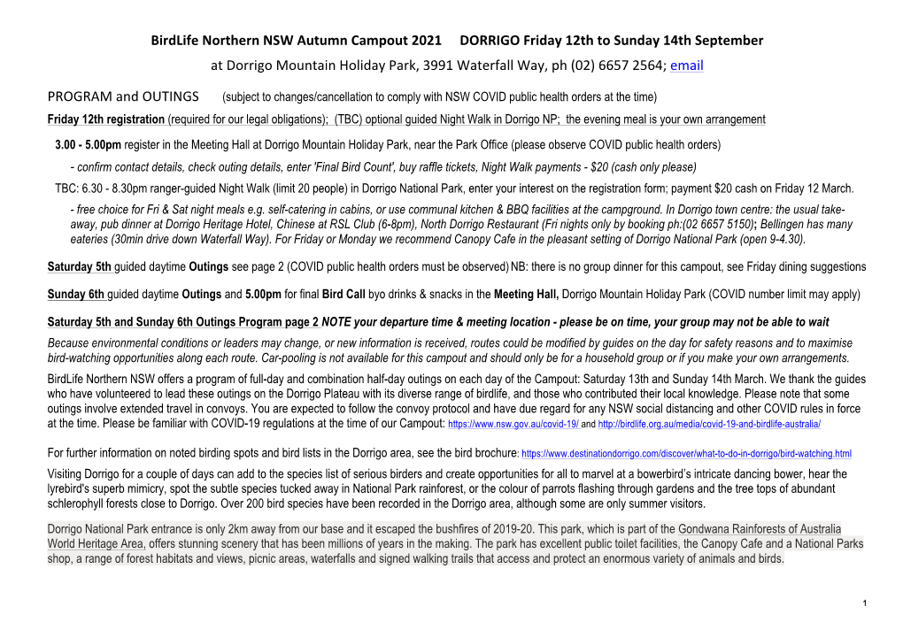 Birdlife Northern NSW Autumn Campout 2021 DORRIGO Friday 12Th to Sunday 14Th September at Dorrigo Mountain Holiday Park, 3991 Waterfall Way, Ph (02) 6657 2564; Email