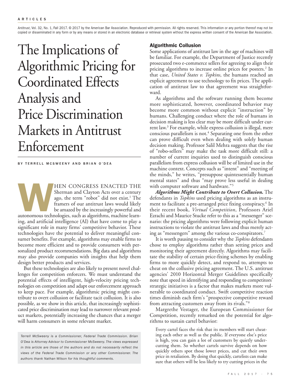 The Implications of Algorithmic Pricing for Coordinated Effects Analysis and Price Discrimination Markets in Antitrust Enforceme